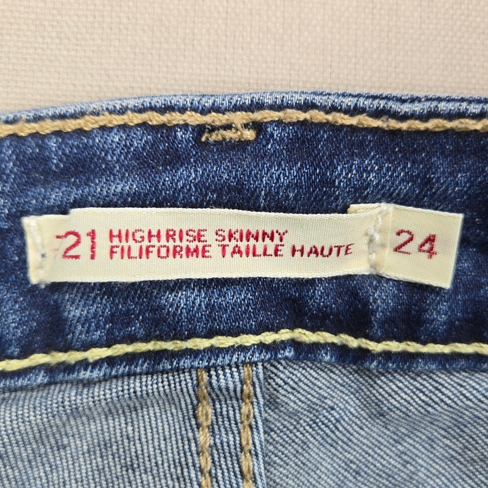 Levi's 721 Big E‎ High Rise Skinny Distressed Dark Wash Blue Womens Size 24x30 - Picture 11 of 16